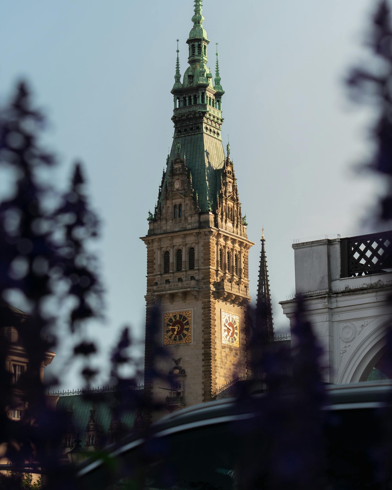Stunning view of Hamburg Town Hall tower with gothic architecture details.