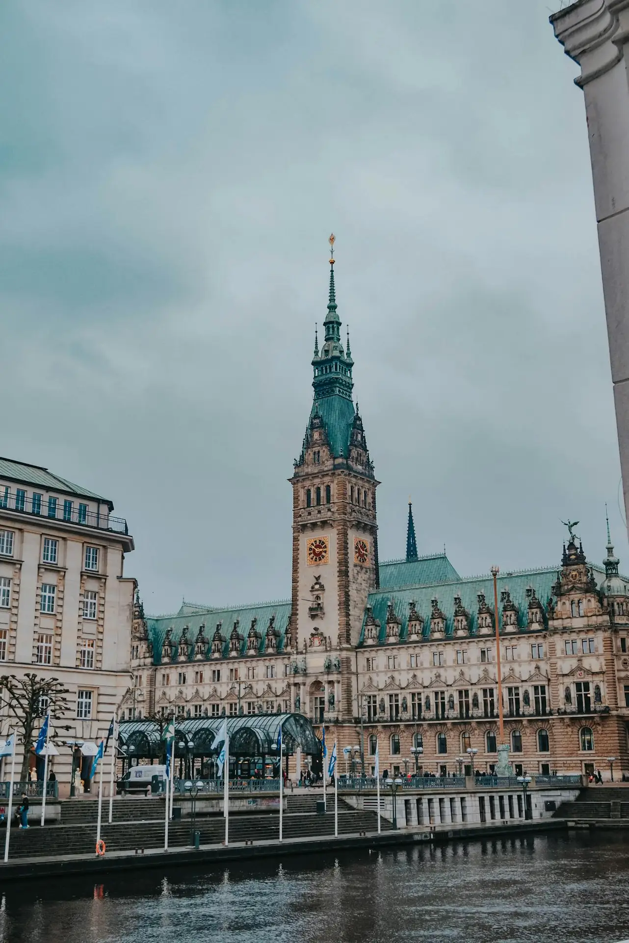 A city with a large building and a clock tower